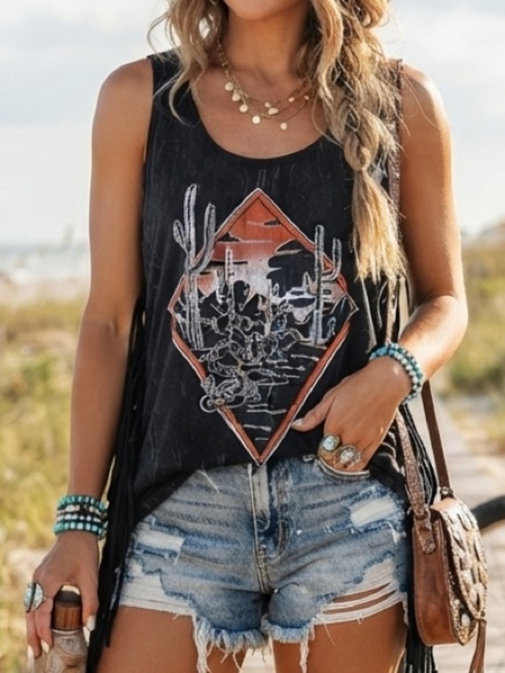 Affliction Fringe Cactus Graphic Mineral Wash Tank Top Coastal Cowgirl Desert